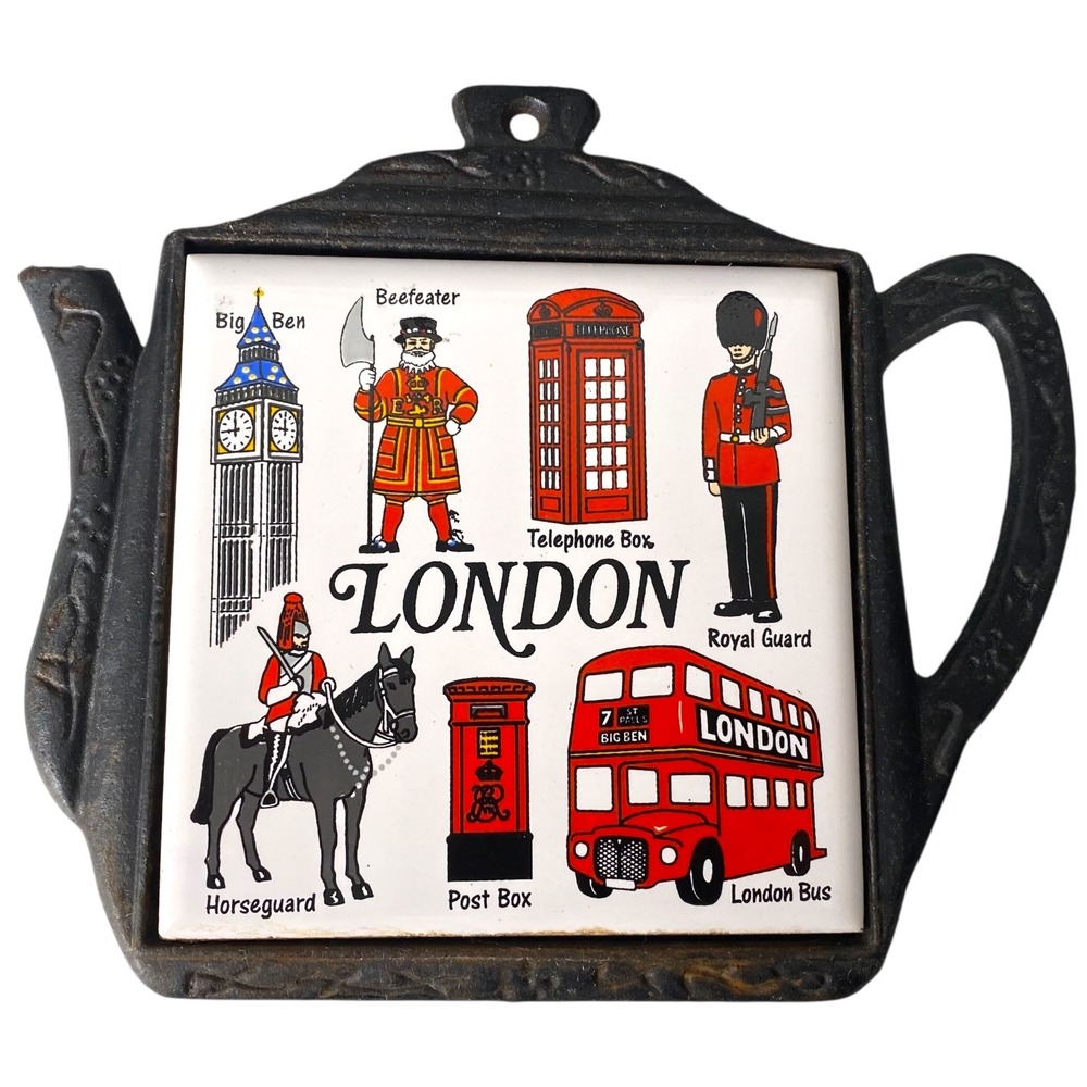 Vintage London Souvenir Cast Iron Teapot‎ Trivet Ceramic Tile Lanka Walltiles